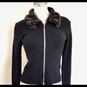 MCNY vintage fur collar zip up sweater large black